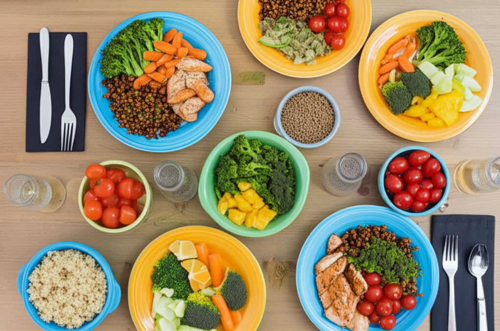Mesa com pratos coloridos e saudáveis, enfatizando a importância da nutrição no autocuidado