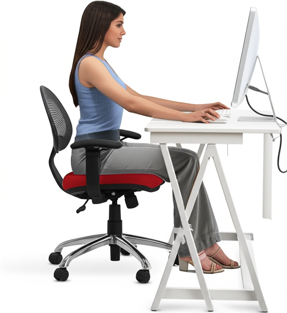 Pessoa ajustando a cadeira e mesa para uma postura ergonômica