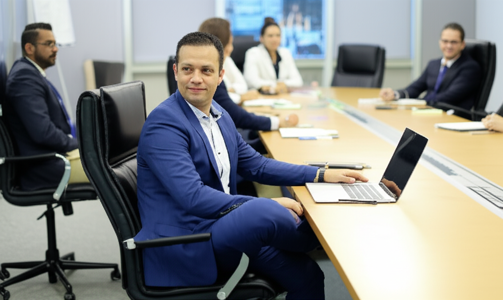 Indivíduo realizando alongamentos discretos durante uma reunião de trabalho