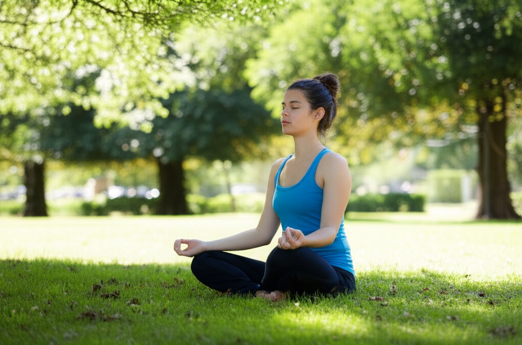 Pessoa meditando calmamente em um parque, simbolizando a conexão mente-corpo e autocuidado